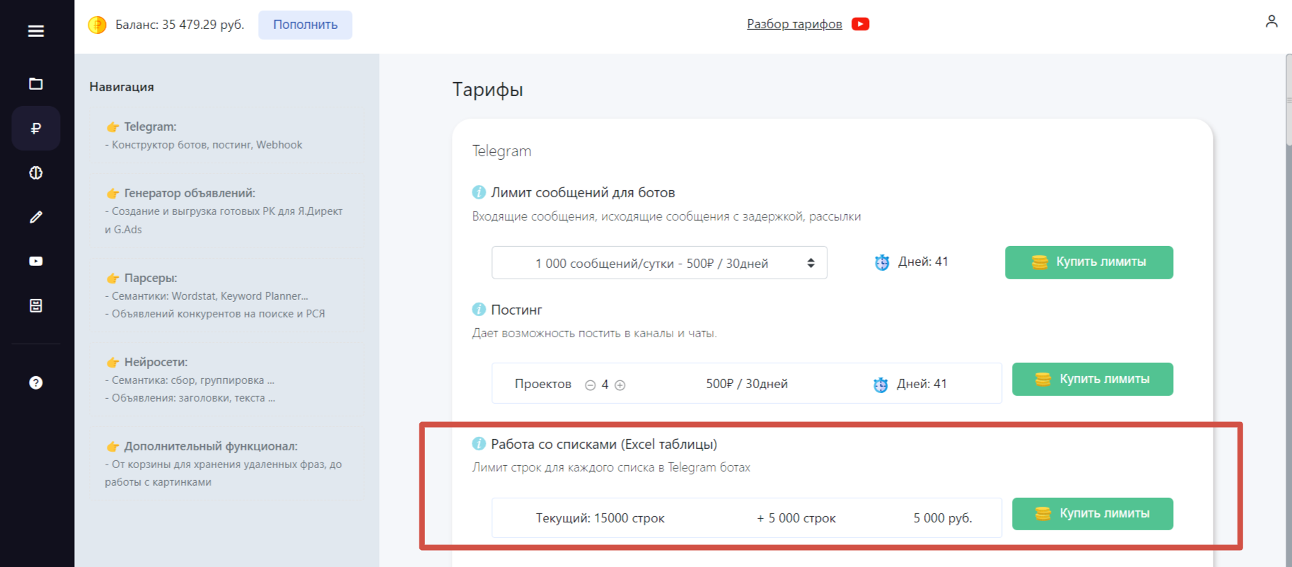 Тарифы для Telegram